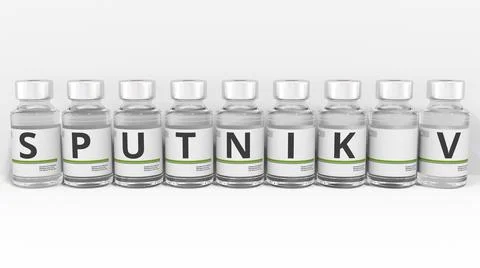 Medicine bottles compose SPUTNIK V COVID-19 vaccine name. Editorial conceptual Stock Illustration