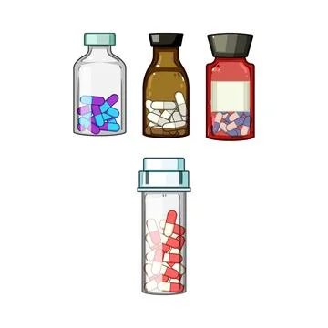 Medicine bottles containing different capsule medications for treatment Illustration