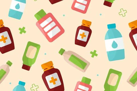 Medicine Bottles with labels, seamless Pattern. Stock Illustration