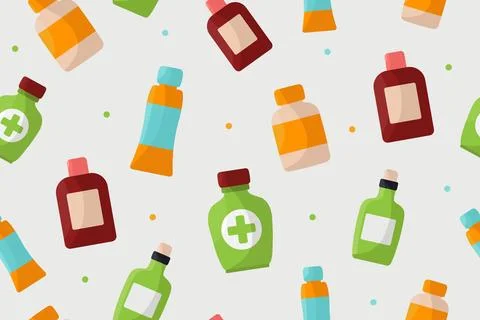 Medicine Bottles with labels, seamless Pattern. Flat Vector illustration. Stock Illustration