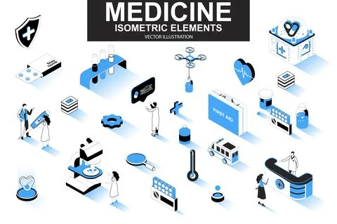 Medicine bundle of isometric elements. First aid kit, medicine, doctor Illustrazione stock