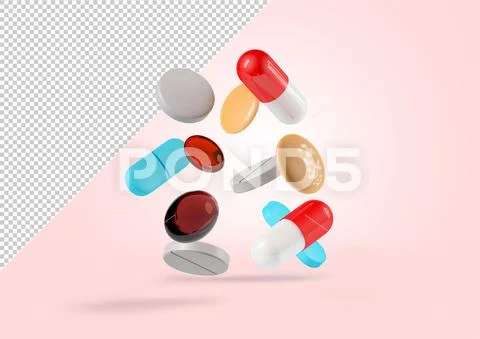 Medicine capsules and pills falling down, mockup Modello PSD