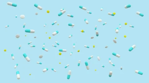 Medicine capsules and tablets rotating - blue background Vidéo 302904612