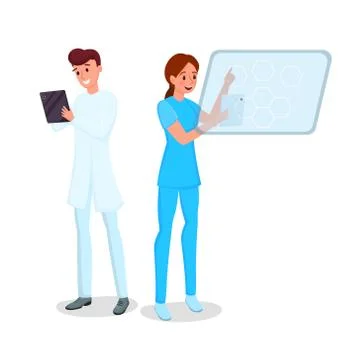 Medicine computerization flat vector illustration. Smiling young doctor and Stock Illustration