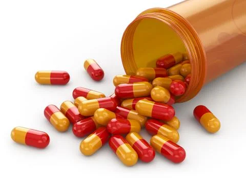 Medicine concept. spilled capsules from prescription bottle. Stock Illustration