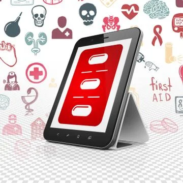Medicine concept: Tablet Computer with Pills Blister on display Stock-Illustration