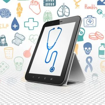 Medicine concept: Tablet Computer with Stethoscope on display Illustrazione stock