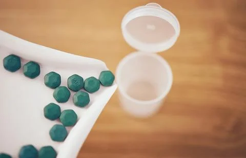 Medicine, container or organize pills for pharmacy correct dose, inventory or Stock Photos