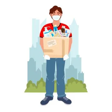 Medicine courier with medical purchases on the city background. Male courier  Stock Illustration