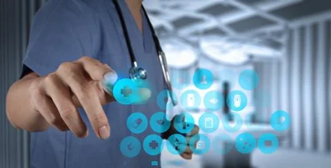 Medicine doctor hand working with modern computer interface Stock Illustration