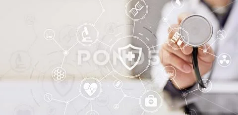 Medicine doctor with modern computer, virtual screen interface and icon medical Stock Photos