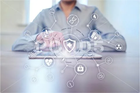 Medicine doctor with modern computer, virtual screen interface and icon medical Stock Photos