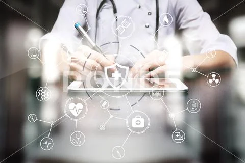 Medicine doctor with modern computer, virtual screen interface and icon medical Stock Photos