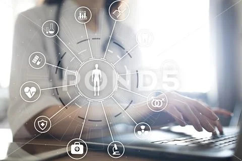 Medicine doctor with modern computer, virtual screen interface and icon medical Stock Photos