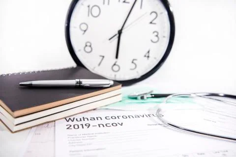 Medicine documents with stethoscope on it. Abstract photo of illness time. Stock Photos