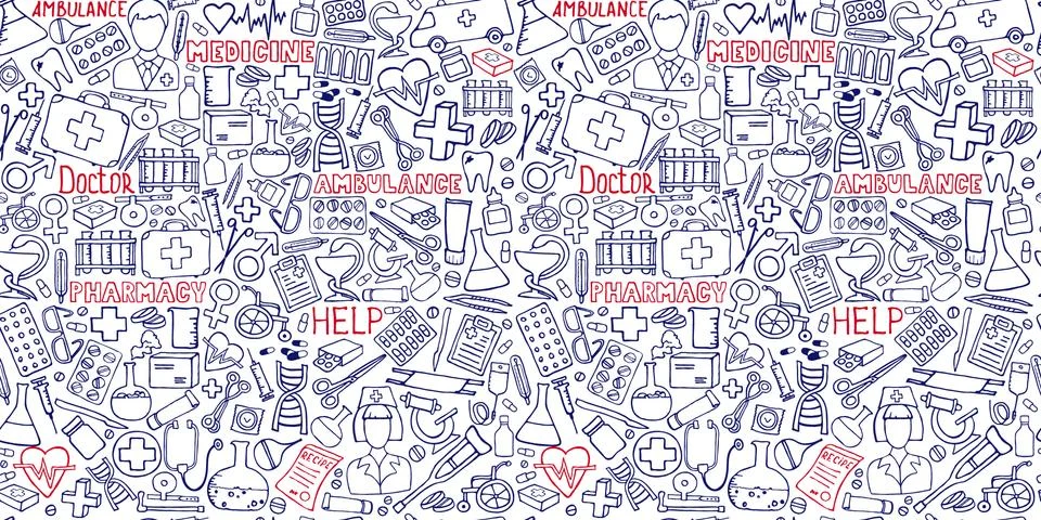Medicine doodle seamless pattern. Vector eps illustrations. Stock-Illustration
