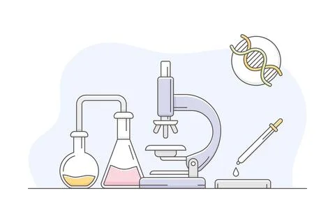 Medicine with Flask and Microscope Examining DNA Line Vector Illustration 스톡 일러스트