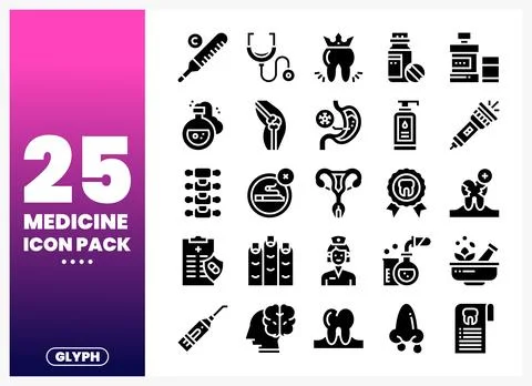 Medicine Icon Pack displaying various medical glyphs on a gradient background Illustrazione stock
