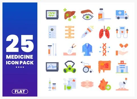 Medicine Icon Pack featuring flat medical illustrations and healthcare symb.. Stock Illustration
