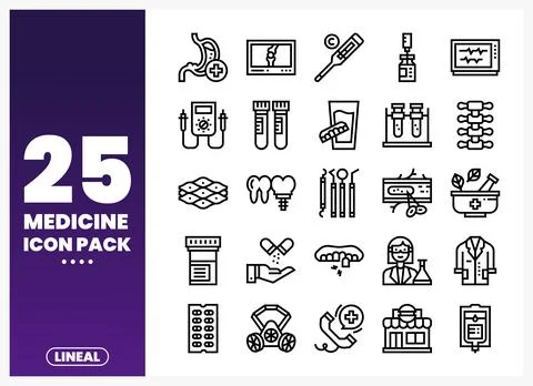 Medicine icons pack with lineal elements on a white background. 库存插图