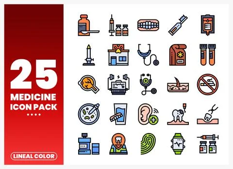 Medicine Icons Pack with a Red Gradient Background and Text Stock Illustration