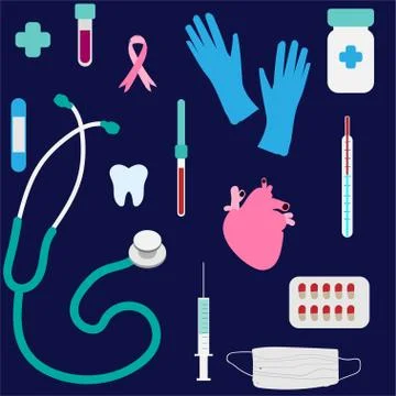 Medicine items: tablets, stethoscope, thermometer, pipette, syringe, adhesive Stock Illustration