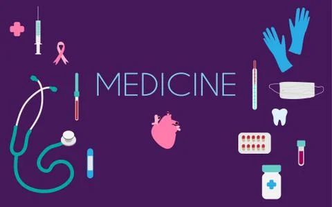 Medicine items: tablets, stethoscope, thermometer, pipette, syringe, adhesive Stock Illustration