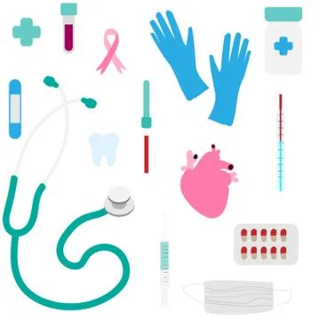 Medicine items: tablets, stethoscope, thermometer, pipette, syringe, adhesive Stock Illustration