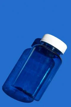 Medicine jar pattern on blue background, pharmaceutical flat lay texture to.. Stock Photos