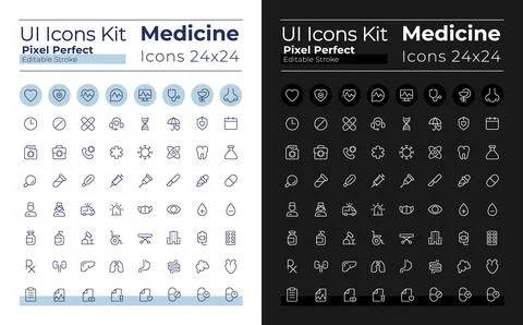 Medicine pixel perfect linear ui icons set for dark, light mode Stock Illustration