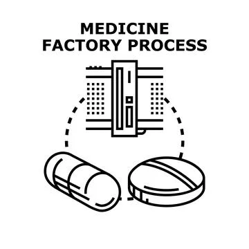 Medicine production process illustrating pharmacy industry manufacturing Stock Illustration