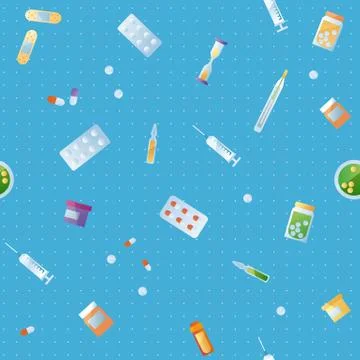 Medicine seamless pattern on blue background. Color vector illustration. Stock Illustration