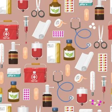 Medicine seamless pattern. First aid kit, stethoscope and syringe, vial of Illustrazione stock