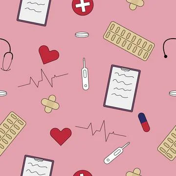 Medicine seamless pattern. Tablet, pills, stethoscope, plaster Stock Illustration