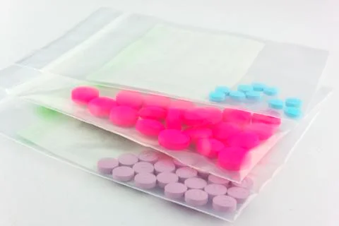 Medicine tablet blister pack in dispensing plastic bag . Stock Photos