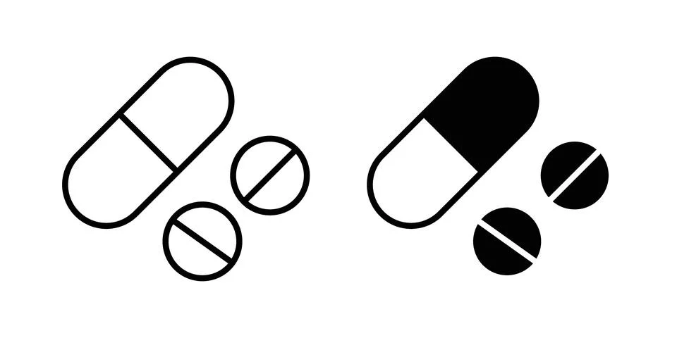 Medicine tablet icon solid, line, and editable vector set. Stock Illustration