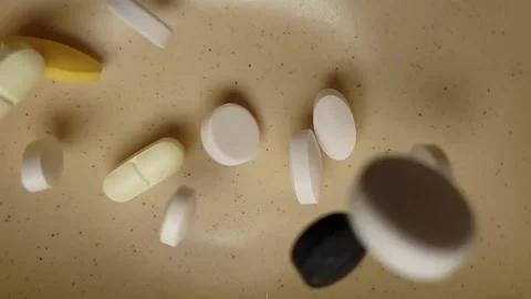 Medicine tablets falling into a ceramic bowl in slow motion Stock Footage 135409457