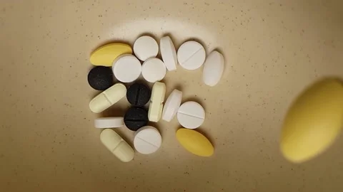 Medicine tablets falling into a ceramic bowl in slow motion Stock Footage 135409461