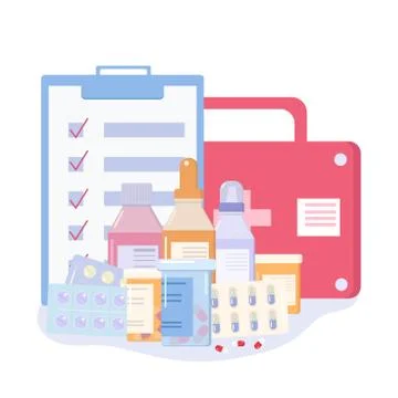 Medicine vector set in flat style. Bottles of medication, blisters with capsu Illustration