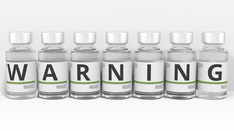 Medicine vials compose WARNING text, conceptual 3d rendering Stock Illustration