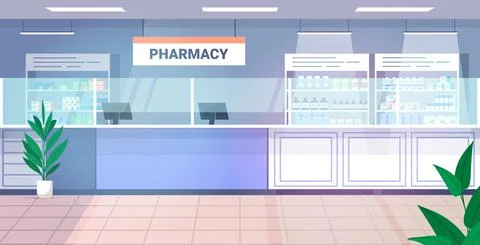 Medicines arranged in shelves empty no people pharmacy modern drugstore interior Stock Illustration
