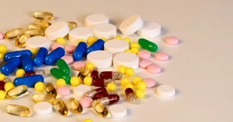 Medicines different tablets and capsules for treatment Stock Footage 142490615