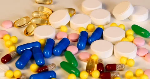 Medicines different tablets and capsules for treatment Stock Footage 142511230