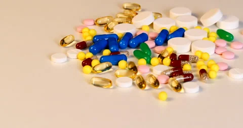 Medicines different tablets and capsules for treatment Stock Footage 142514486