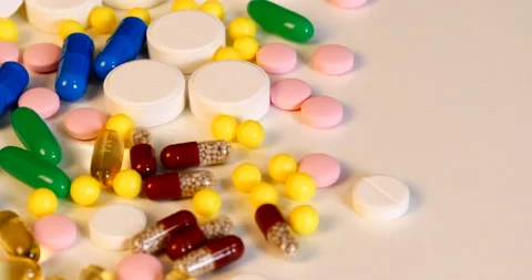 Medicines different tablets and capsules for treatment Stock Footage 142515389