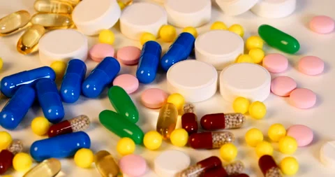 Medicines different tablets and capsules for treatment Stock Footage