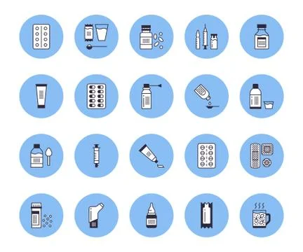 Medicines, dosage forms vector line icons. Pharmacy medicaments, tablet, capsule Ilustración de archivo