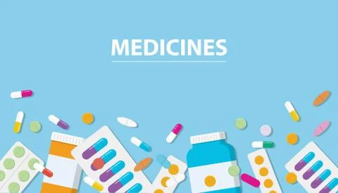 Medicines drug collection with banner free space with blue background Stock Illustration