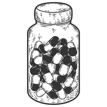 Medicines, jar of pills. Sketch scratch board imitation. Black and white. Stock Illustration