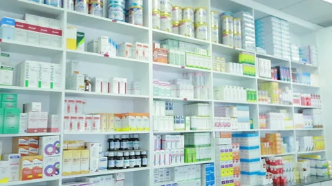 Medicines on Pharma Shelf Video stock 148428485